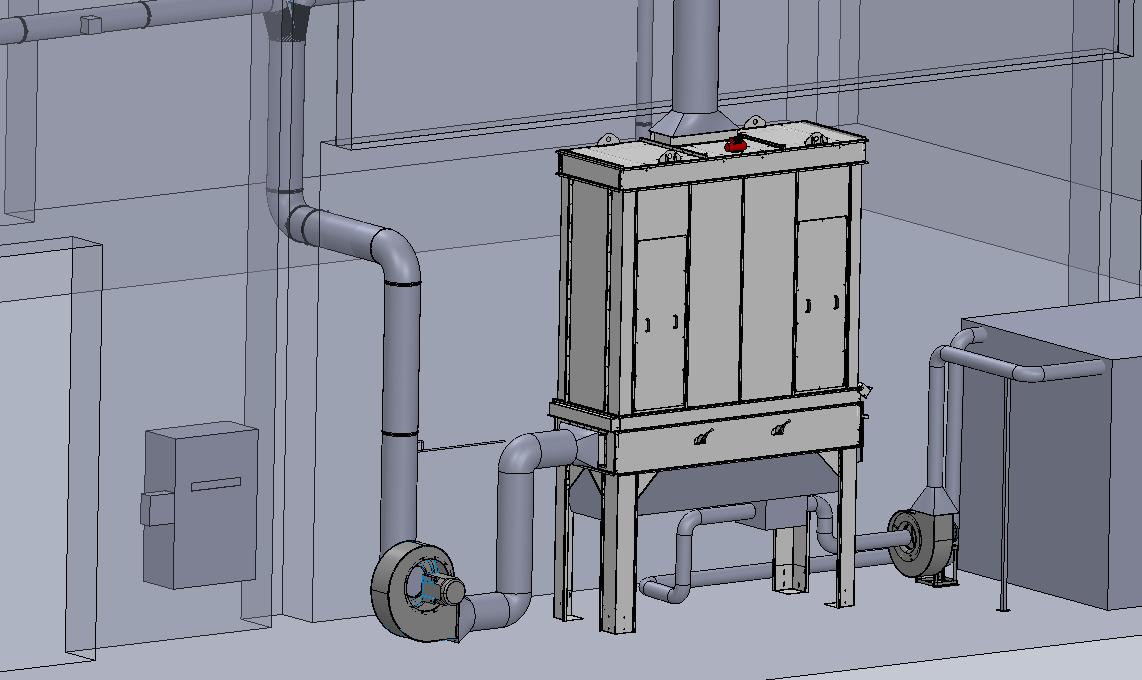 Modello 3D di impianto di aspirazione e filtrazione industriale progettato in SolidWorks
