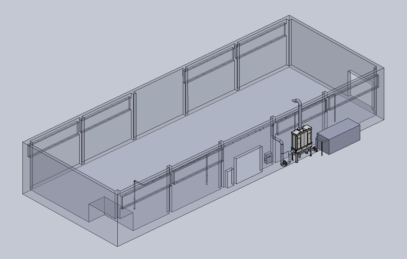 Layout 3D di un impianto di aspirazione con tubazioni progettato in SolidWorks